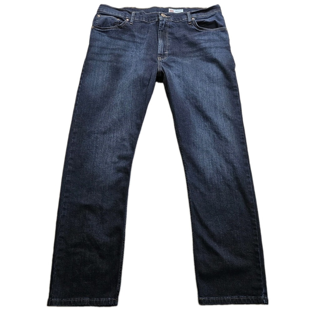 Wrangler Premium Straight Fit Jeans Mens 38x32 Blue Dark Wash Faded Cowboy Cut